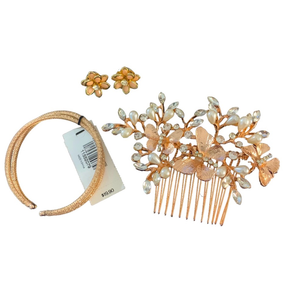 NWT Express 3-Piece Rose Gold Bracelet Hair Comb Earrings